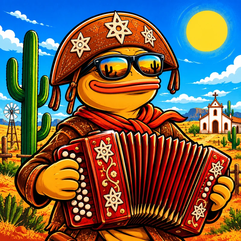 Nordeste Coin mascot playing an accordion in the Brazilian sertão