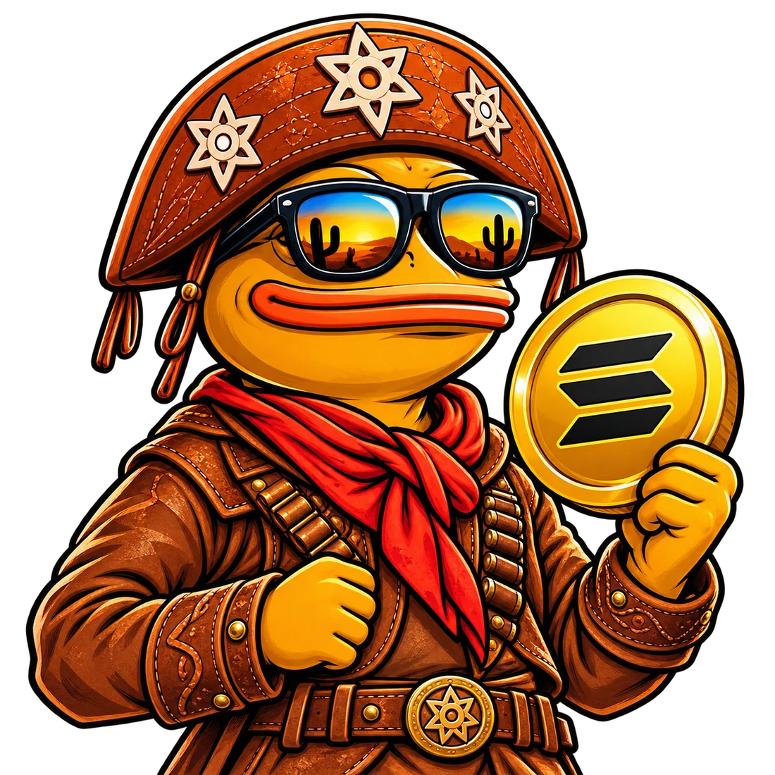 Nordeste Coin mascot wearing a cangaceiro hat and holding a Solana coin